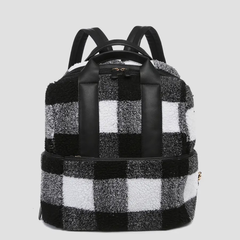Buffalo Plaid Black and White Sherpa Women's Backpack - Picture 2 of 2